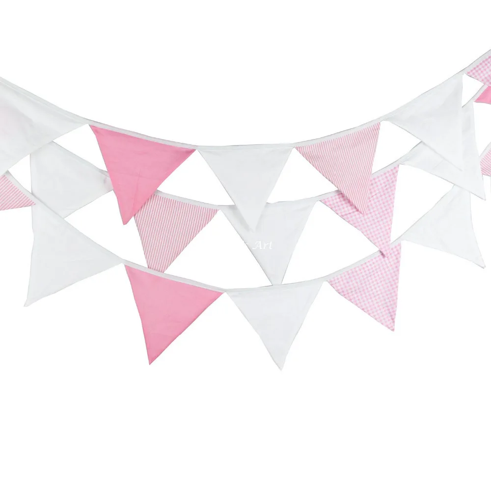 New 24 Flags - 5.4M Pink White Cotton Fabric Banners Bunting Decor Birthday Decoration Party Baby Shower Room Garden Decoration