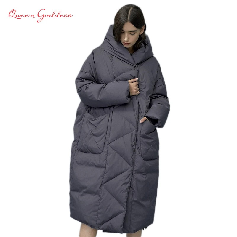 Winter and Autumn Outwear Women White Duck X-Long Down Warm Jacket in Hooded Fashion Cocoon Parkas Plus Size 7XL Design