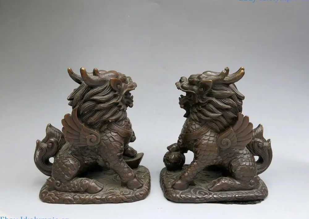 China bronze sculpture carved fine copper Feng Shui Foo Dogs Kylin pair Statue