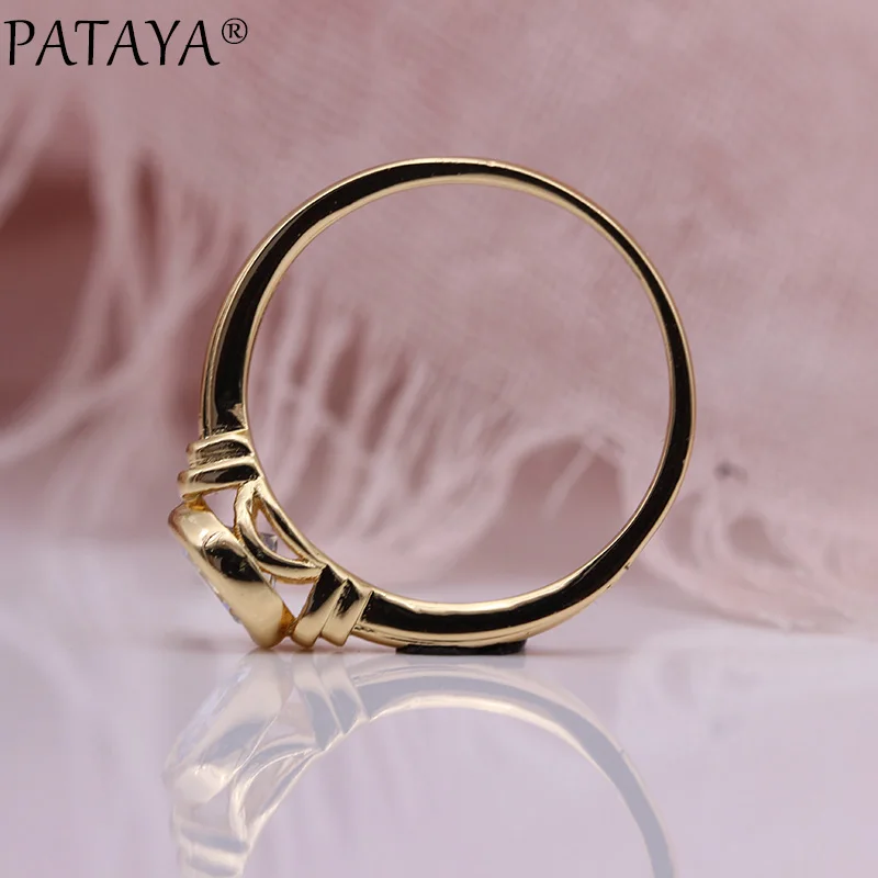 PATAYA New Glossy Hollow Rings Gifts 585 Rose Gold Color Round Natural Zircon Ring Romantic Wedding Simple Fine Fashion Jewelry