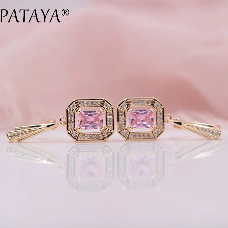 PATAYA New 585 Rose Gold Colors Dangle Earrings For Women Square Natural Zircon Long Earring Fashion Wedding Jewelry