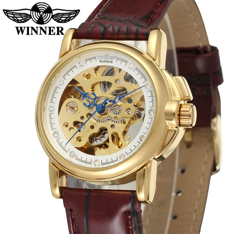 

T-WINNER WATCH white and golden surface with blue pointer reddish brown leather strap men's automatic watch