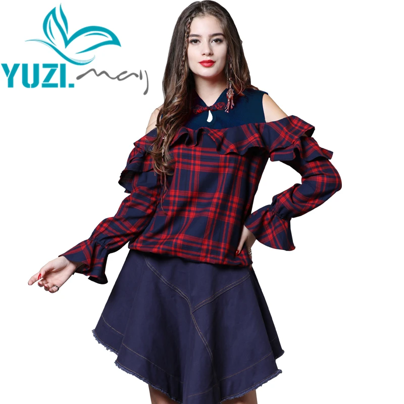 เสื้อผู้หญิง 2018 Yuzi. may Boho ใหม่ฝ้ายผู้หญิงเสื้อคอ Flare Sleeve Off Shoulder Top เสื้อผู้หญิง B9265 Blusa