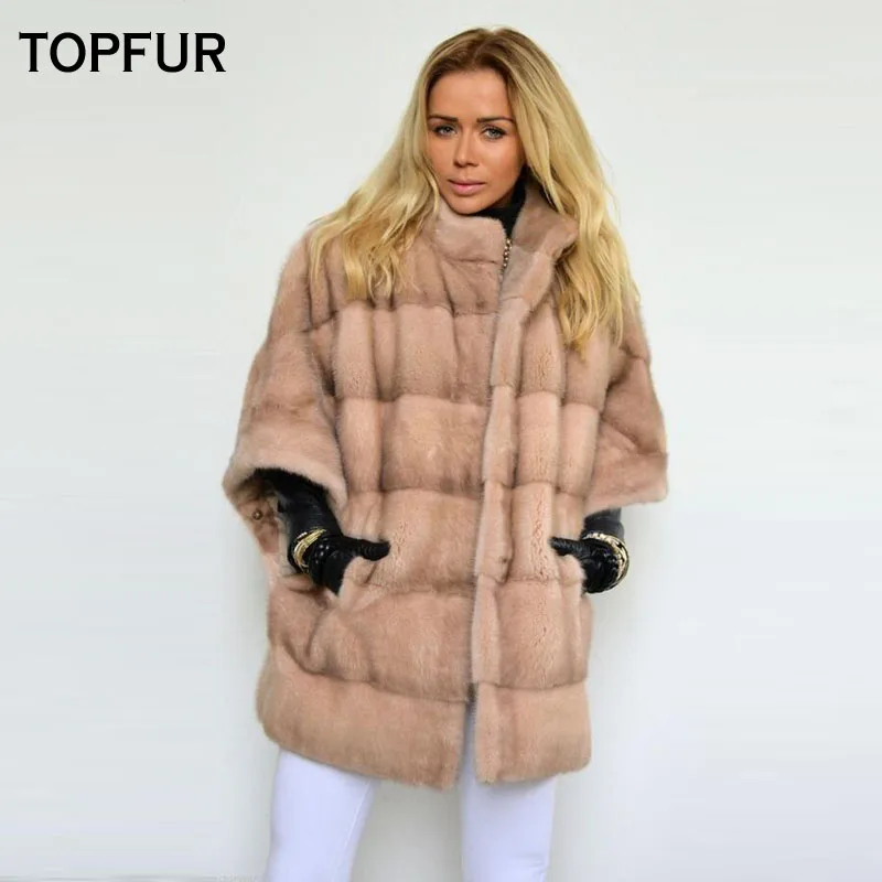 

TOPFUR Women Real Mink Fur Coat Fashion Bat Sleeved Jackets Female Winter Genuine Fur Collar Overcoat Warm Real Fur Outwear