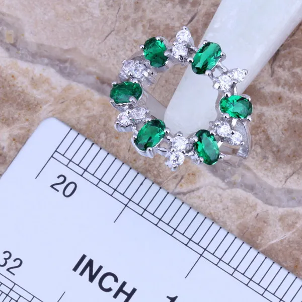 Adorable Green Cubic Zirconia Silver Plated Jewelry Sets Earrings Pendant Ring Size 6 / 7 / 8 / 9 / 10 S0141