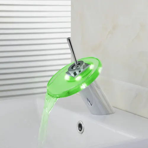 Imagem -03 - Jieni-pia com Luz Led Redonda de Vidro Jato tipo Cascata Alça Única Cromado Latão Banheiro Pia Torneira Misturador