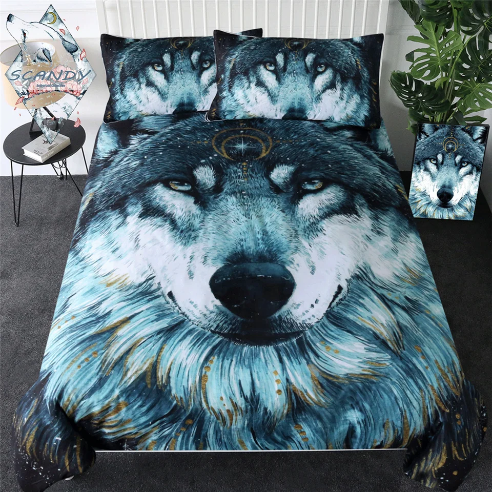 

In The Darkness Wolf by Scandy Girl Bedding Set Blue Golden Duvet Cover Galaxy Luxury Bed Set Animal Bedspreads Queen 3-Piece