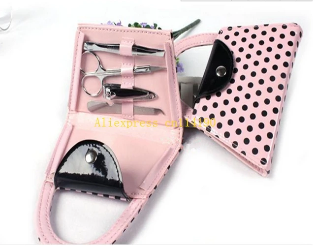 50sets/lot Free Shipping Bridal Shower Favors Pedicure Set Pink Polka Dot Purse Manicure Set Wedding Party Gift Favors