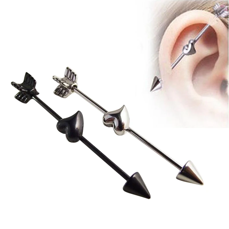 SaYao 1pcs New Surgical Stainless Steel 1.2*35*5/6mm Spike Arrow 16G Industrial Barbell Piercing Heart Love Ear Piercing Jewelry