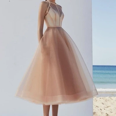 Vestido De fiesta corto De Organza para niña, traje elegante De color champán, largo hasta el té, Formal, hecho a medida, 2024