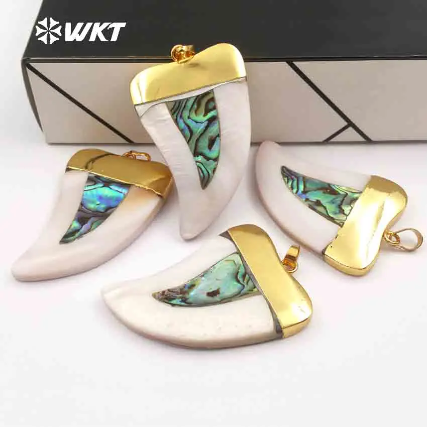 WT- P666 Stylish jewelry charm  natural shell horn pendant  gorgerous shell horn pendant  with gold color on top