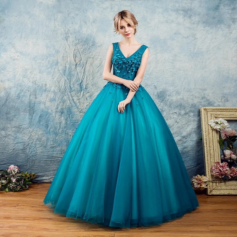 AnXin SH vintage princesa pequeña flor azul encaje rebordear cristal cuello en V sin mangas vestido de fiesta vestido de noche personalizado