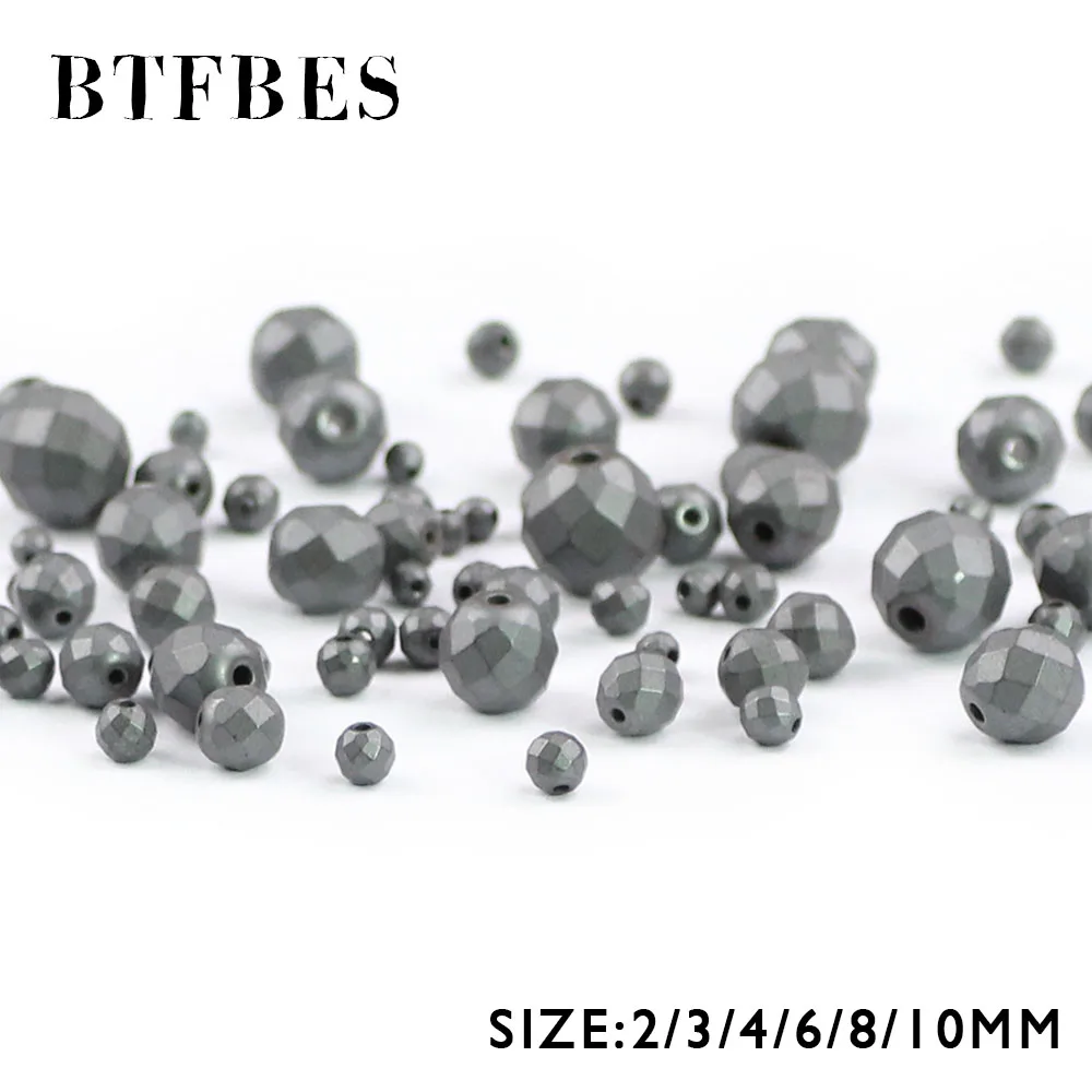 BTFBES Natural Matte Black Faceted Hematite Stone Beads Football Ore Round Loose Bead 2/3/4/6/8/10MM Jewelry Bracelet Making DIY