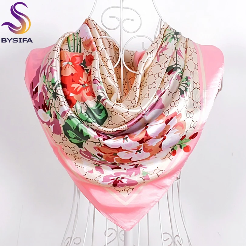 BYSIFA Women Satin Silk Scarf Hijab Brand Blue Pink Red Floral Pattern Square Scarves Wraps Spring Autumn Muslim Head Scarf Cape