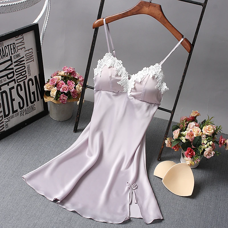 Ladies Sexy Nightdress Silk V-neck Floral Sleepwear Lingerie Babydoll Nightgown Mini Sleeveless Women Sleepshirt With Padded Bra