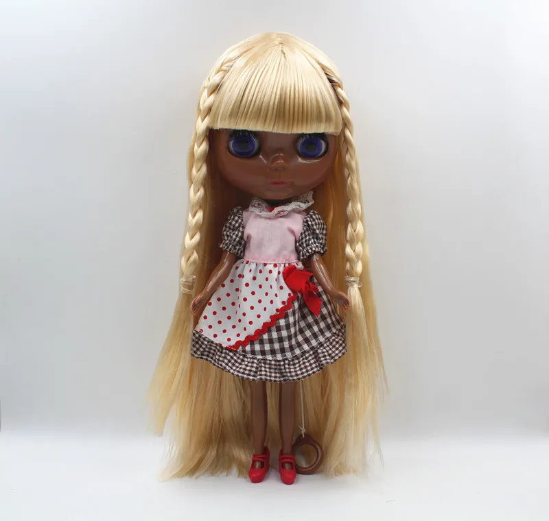 Blyth doll light golden bangs hair is a new skin doll common body 7 joint deep black skin DIY doll can change makeup look