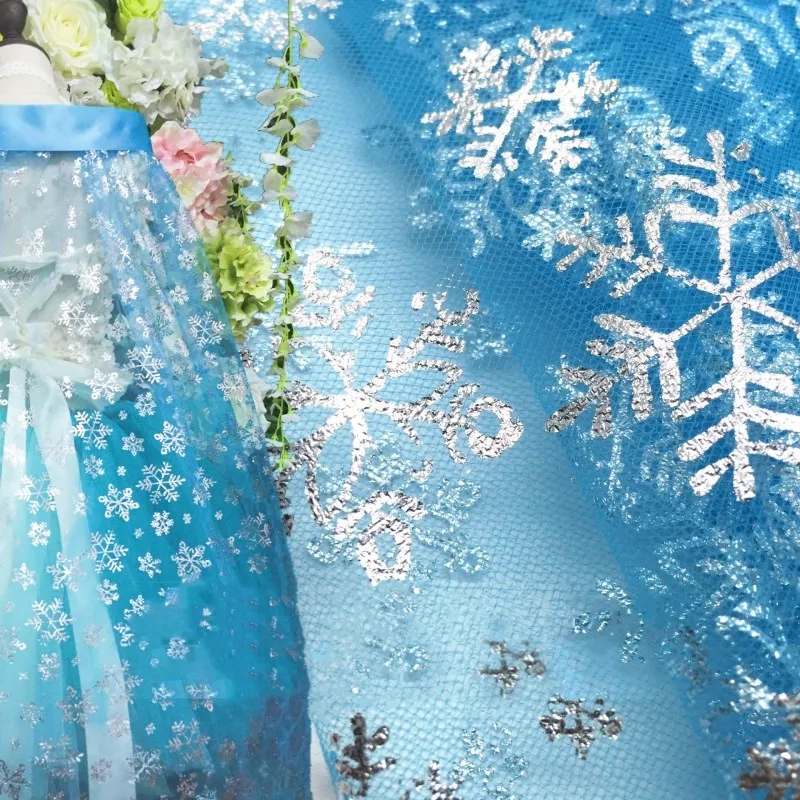 1 Yards Blue Snowflake Organza Sequin Fabric DIY Baby shower Skirt Sewing Princess Dress Doll Clothing Wedding Party Decor Cloth