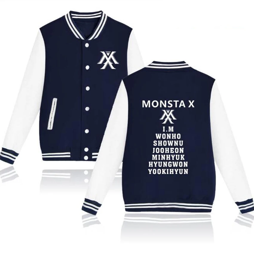 Koreański Monsta X KPOP rozpinana bluza z kapturem w stylu Harajuku fani wspierający polar strój baseballowy kurtki mężczyźni kobiety różowa bluza Moletom