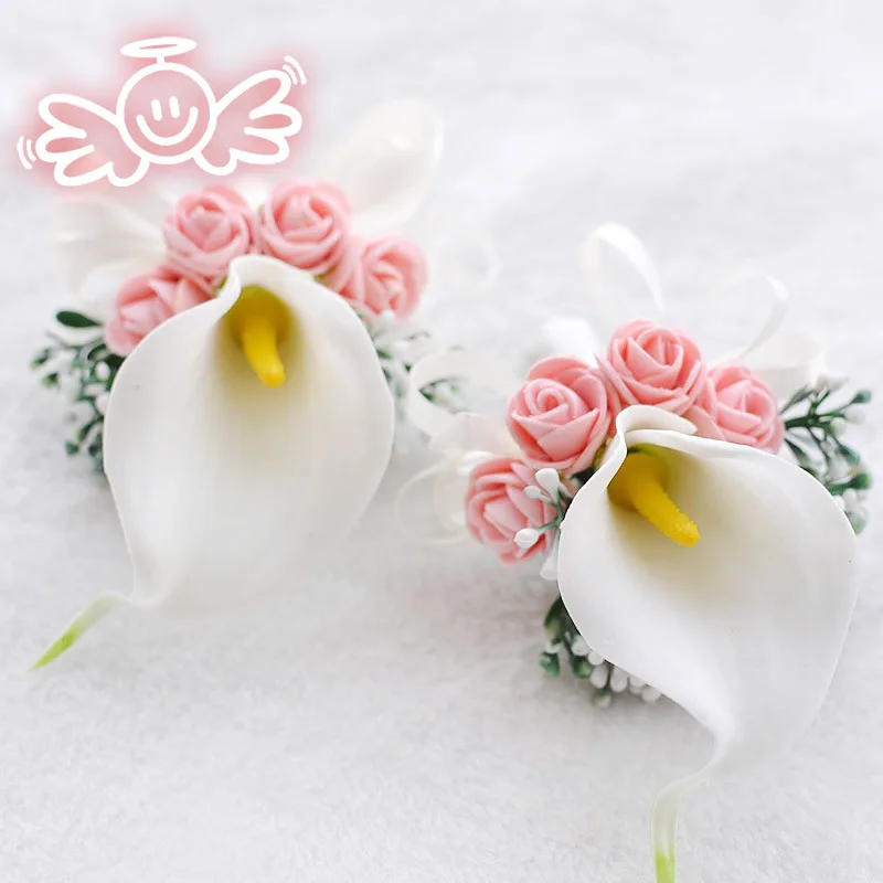 YO CHO Boutonnières Rozen Pols Bloem voor Bruid Wit Roze Pols Corsages Armband Calla Lelie Boutonniere Bruidegom Bruiloft Corsage