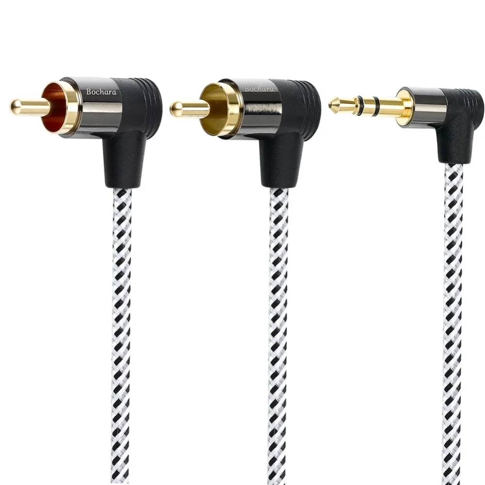 Bochara Braided 90degree 3.5mm jack to 2RCA OFC Audio Cable Gold Plated For Speakers Amplifier Mixer 30cm