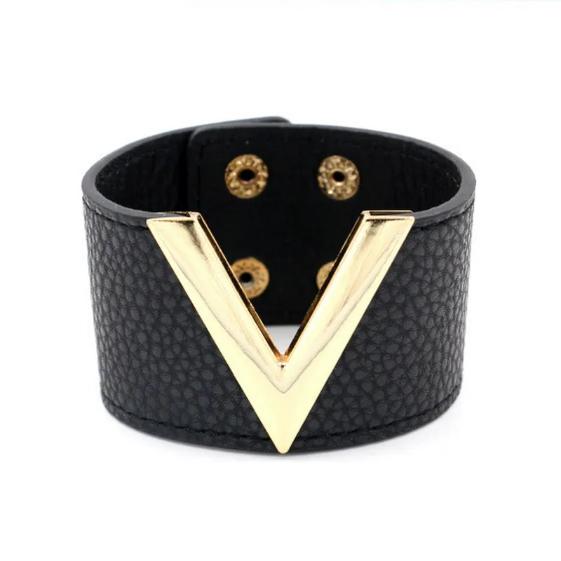 Hand Jewelry Big Leather Bracelet Simple All-Match MS OL V Word Wide Leather Bracelet for Women V Leather Cuff Adjustable