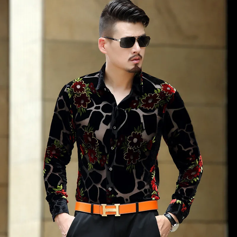 Gold Floral Embroidery Men Lace Shirt 2023 Luxury Brand Mens Dress Shirt Transparent Sexy Male High Quality Shirt Camisa Social