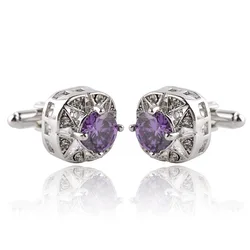 Fashion Luxury Purple Crystal Zircon Round Cufflinks Classic French Shirt Casual Cuff Button Wedding Party Glamour Jewelry Gifts