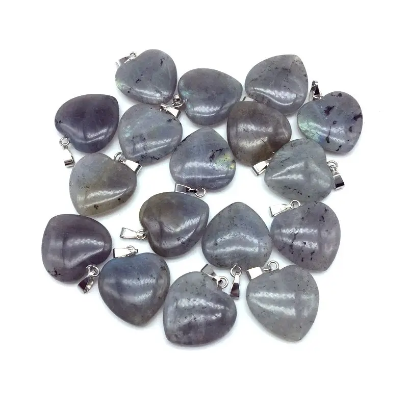 New Style Wholesale Natural Labradorite Stone 20 MM Heart Slide Pendant D I Y Necklace Earrings Charm Jewelry