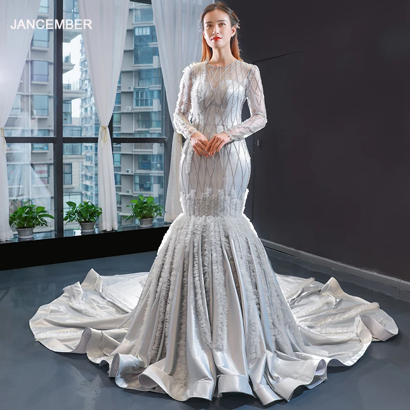 

J66861 jancember elegant mermaid evening dresses long sleeve o-neck appliques formal dress women with train sukienki wieczorowe