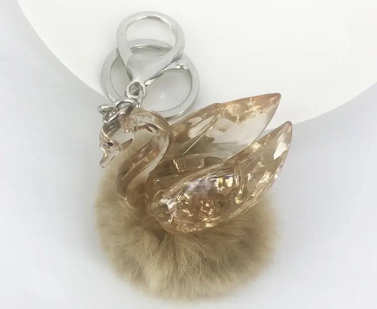 Party Favor Keyring Pompom Keychain Charm Ball Acrylic Swan Real Rabbit Fur 6cm Ball Genuine Soft Fluffy Purse Pendant Presents