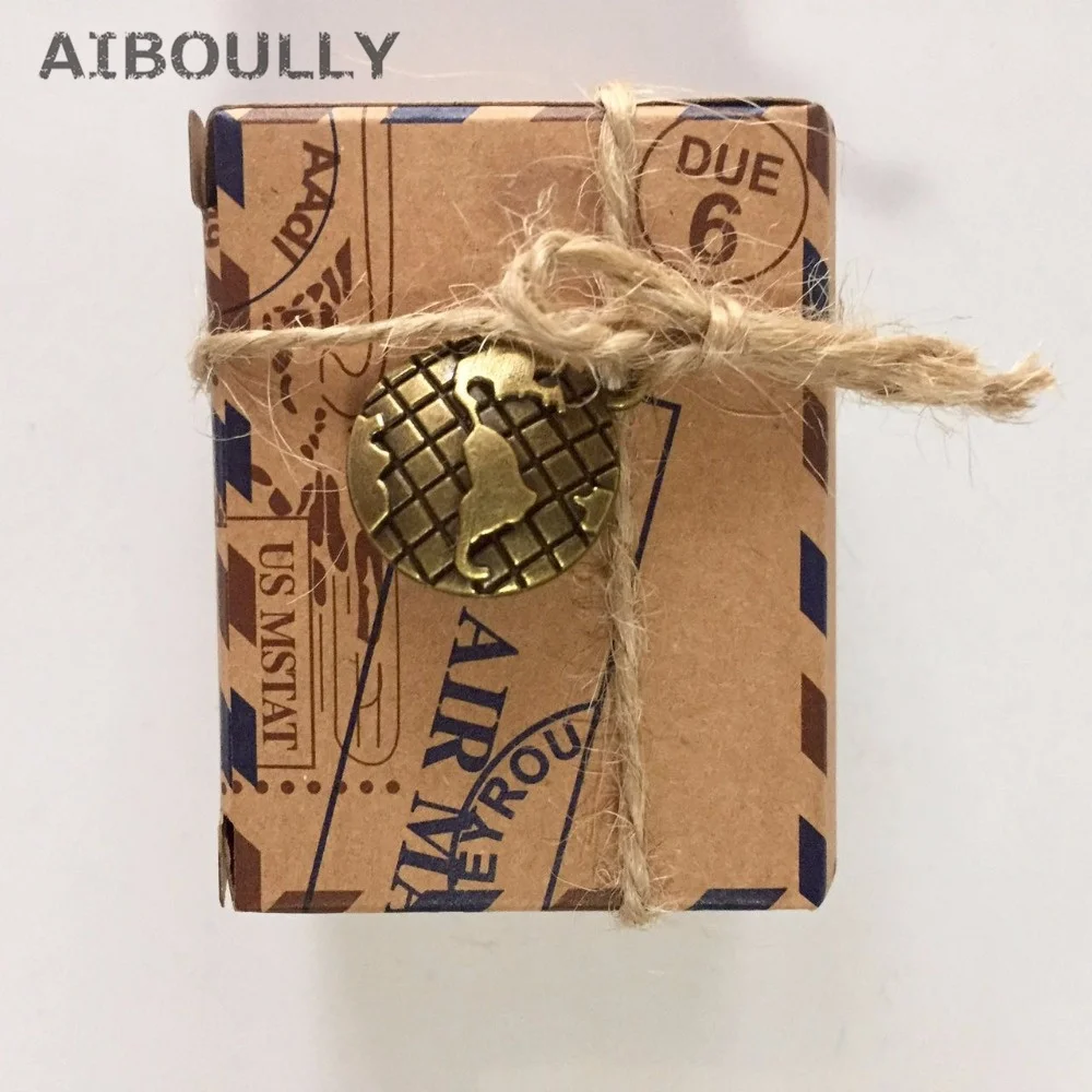 50 pcs/lot DIY Wedding decoration Vintage Via Air Mail Global Brown Paper Candy Box with Metal Compass Global envelope Cake Box