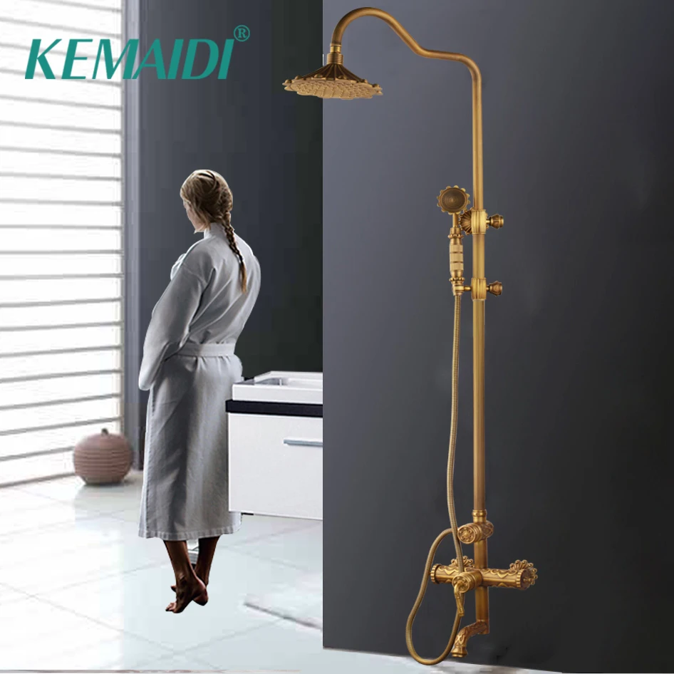 

KEMAIDI Antique Brass Wall Mounted Bathtub Shower Set Faucet Dual Handle Bathroom Shower Mixers 8" Rainfall Shower Mixer