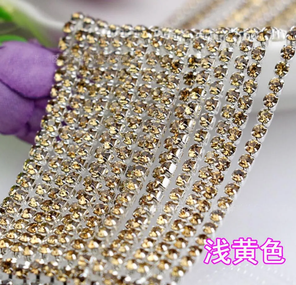 10 Meters SS12 3mm Color Light Yellow Diamond Crystals Rhinestones Silver Plated Setting Chain Trim