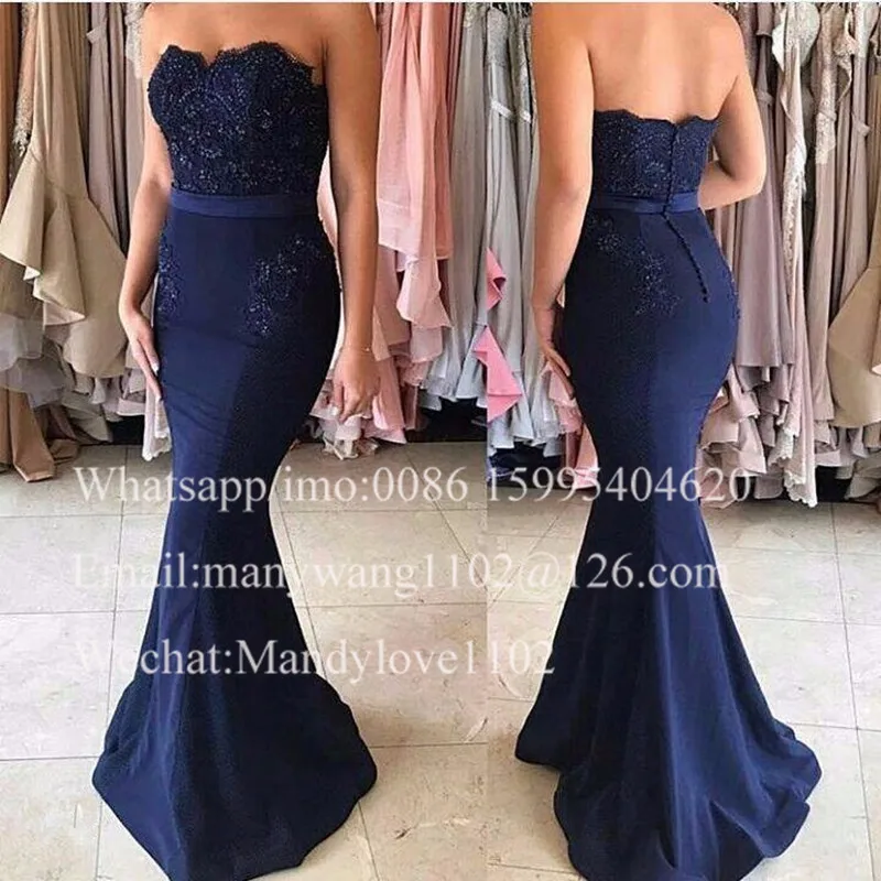 Navy Blue Mermaid Bridesmaid Dresses 2021 Long Lace Appliques Maid Of Honor Dress Cheap Under 100 Wedding Guest Gown