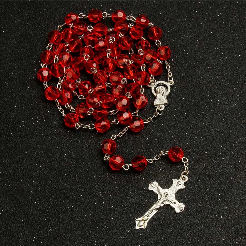 8mm Cut Rosary Plastic Crystal Beads Catholic Necklace with Holy Land Medal Cross Prayer Religious Jewelry