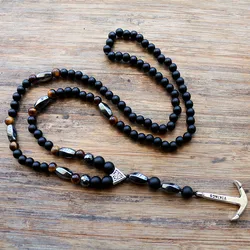 New Design Black Men's pendants Necklace 6MM stone bead with anchor charm pendant necklace Fashion Jewelry