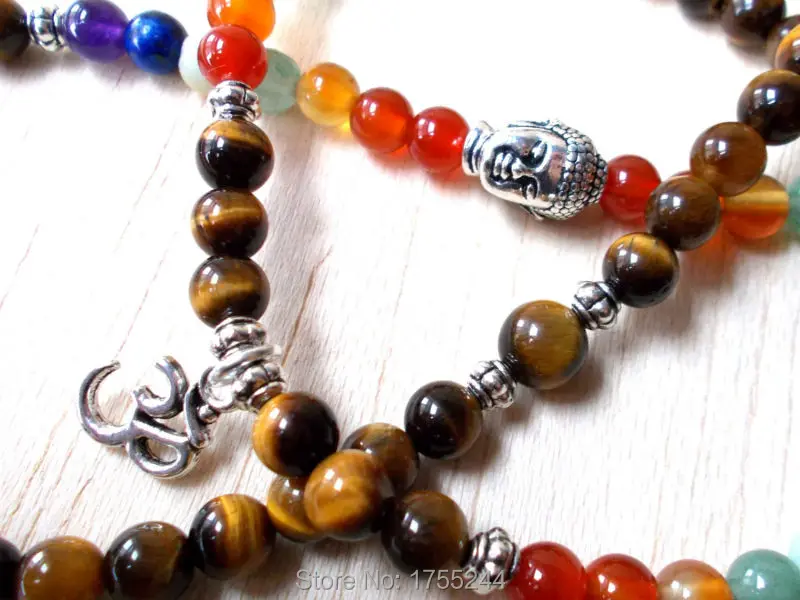 SN1129 Tiger Eye Jaspe Mala 108 Mala Beads Chakra Necklace Buddhist Beads Necklace Meditation Buddha and Ohm Bracelet