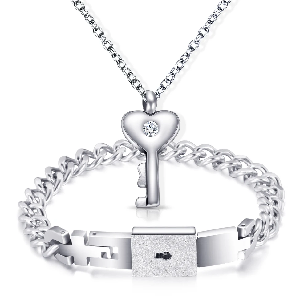 

A Couple Jewelry Sets Stainless Steel Love Lock Bracelets Bangles Key Pendant Necklace Couples