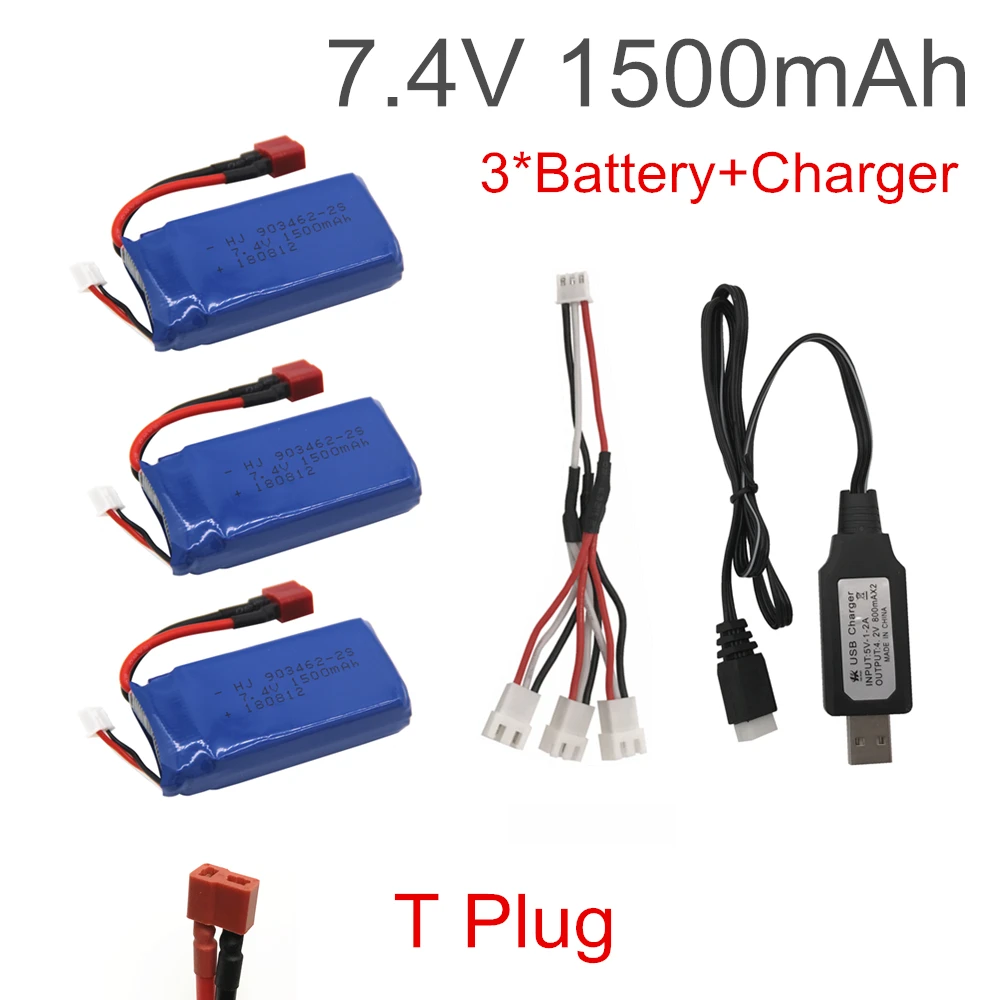 Batteria Lipo 7.4 V 1500 mAh con caricatore USB per FT009 RC Boat 12428 144001 batteria Lipo 2S 7.4 V 1500 mah 903462 2S JST SM T PLUG