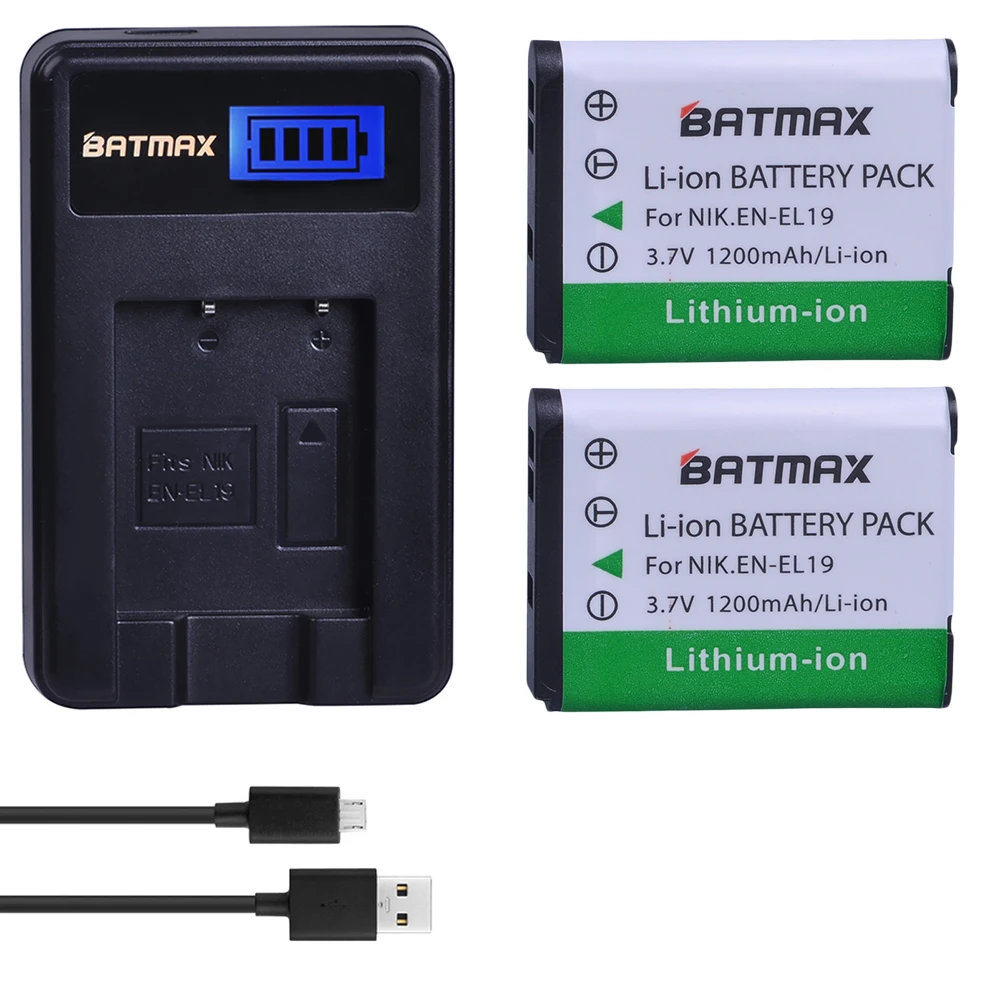 

Batmax 2pcs 1200mAh EN-EL19 EN EL19 Battery+LCD USB Charger for Nikon S100 S2500 S2600 S3100 S6400 S4100 S4150 S3300 S4300