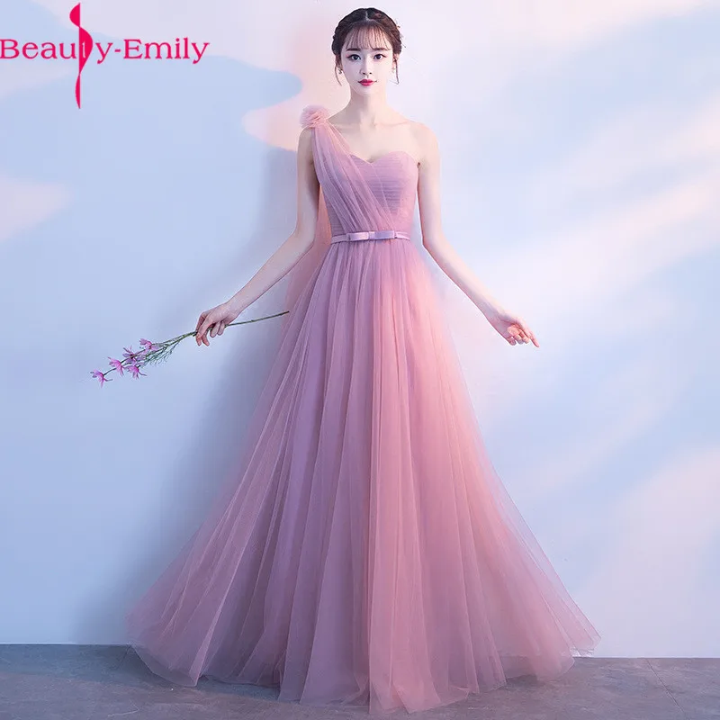 Beauty-Emily Fashion Lace Up Back Bridesmaid Dresses 2023 Elegant Dust Pink Party Gowns with Bow O Neck Wedding Guest Vestido