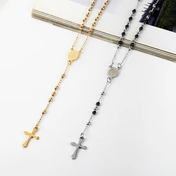 3mm Oval Bead Rosary Cross Pendant Necklace Stainless Steel Jesus Center Christian Catholic Religion Jewelry