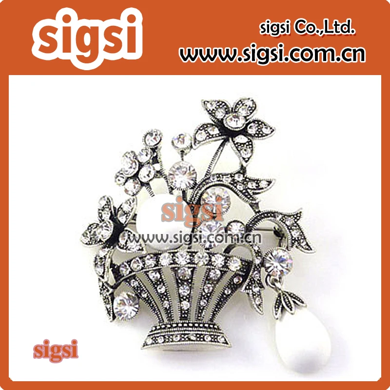 

Alloy metal acrylic wholesale wedding rhinestone Flower basket brooch pin