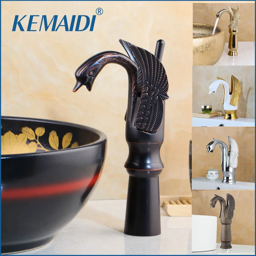 

KEMAIDI Swan Shape Brass Basin Sink Faucet Bathroom Single Hole Centerset Hot Cold Water Mixer Tap Chrome Bathtub Faucet