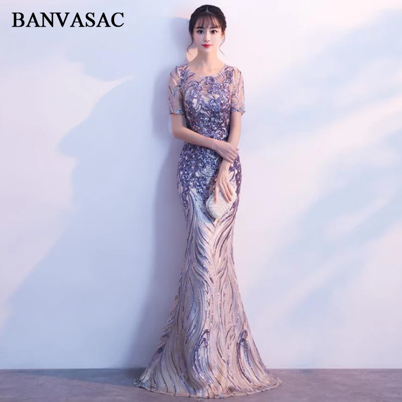 

BANVASAC 2018 O Neck Sequined Embroidery Mermaid Long Evening Dresses Vintage Party Lace Sweep Train Prom Gowns