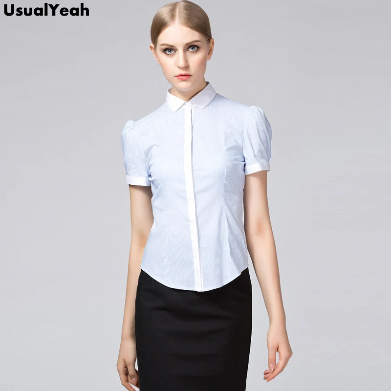 UsualYeah New Fashion Women Work Shirts Elegant Blouse Short Sleeve OL Cotton Shirt Casual Summer Vintage Top Light blue S - XXL