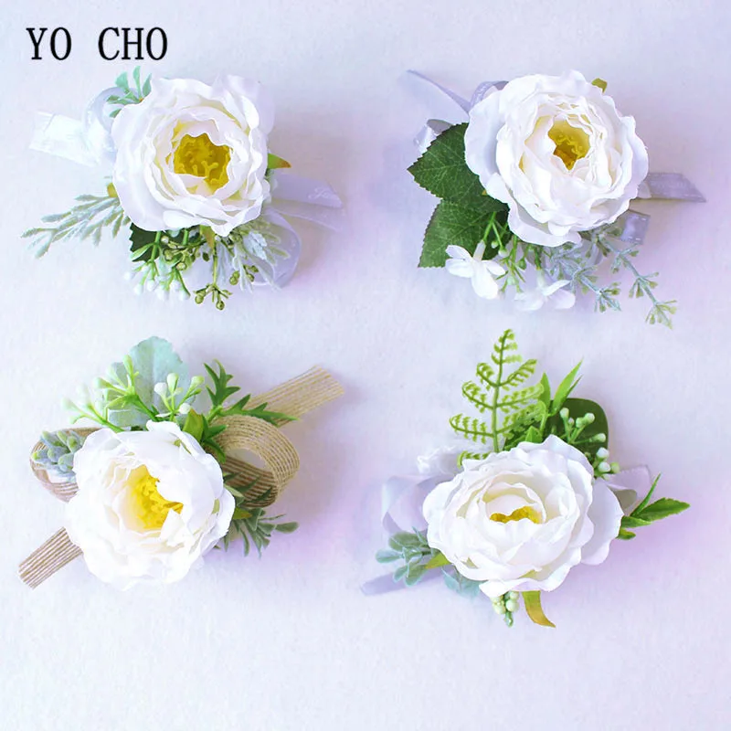 YO CHO White Pink Wedding Wrist Corsages Flower Suit Wedding Decor Silk Rose Groom Flower Boutonnieres Marriage Prom Brooch Pins