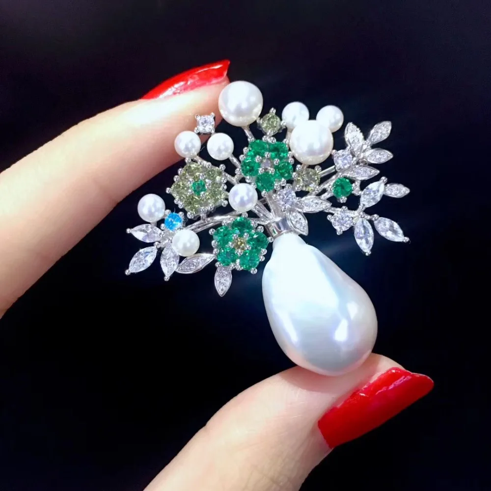 baroque natural fresh water pearl vase jardiniere brooch pins 925 sterling silver with cubic zircon flower fine women jewelry