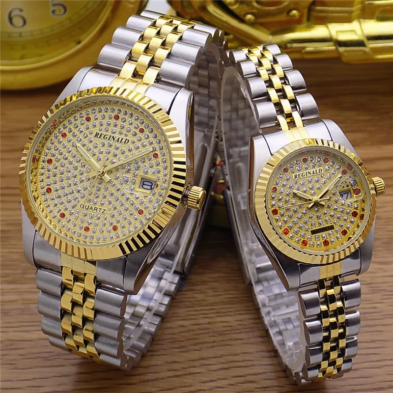 Mode Reginald Merk Vrouw Man Liefhebbers Volledige Gouden Luxe Staal Dame Horloge Datum Crystal Stijlen Vrouwen Jurk Klok Water proof