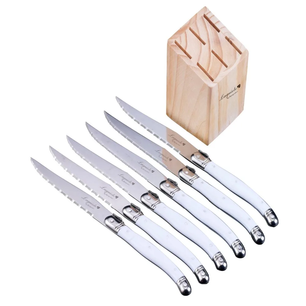 

6pcs Black Laguiole Steak Knife Set White Plastic Handles Table Knives Dinnerware Restaurant Household Cutlery Dishwasher Safe